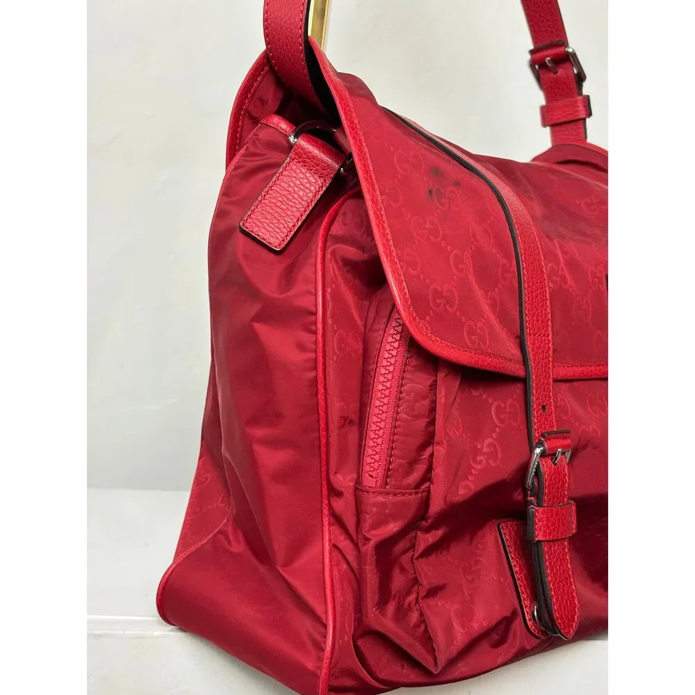 Gucci Red Nylon Monogram Double Buckle Flap Messenger Bag